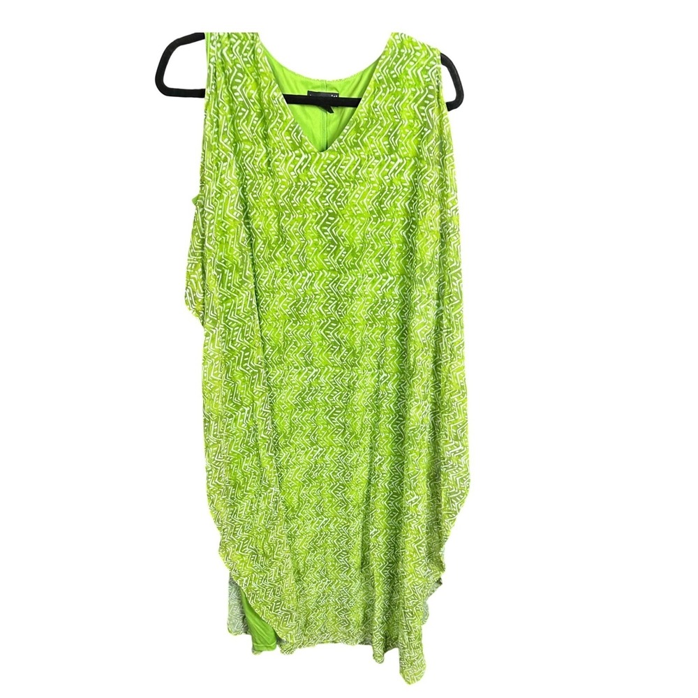Vintage Asymmetric Lime Green Geometric Layered Sleeveless Midi Dress LG Flowy